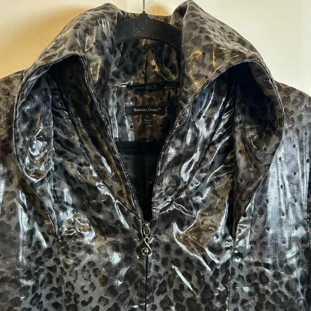 Samuel Dong Grey Black shiny leopard-print trench coat/dress‎ Women’s Size Large